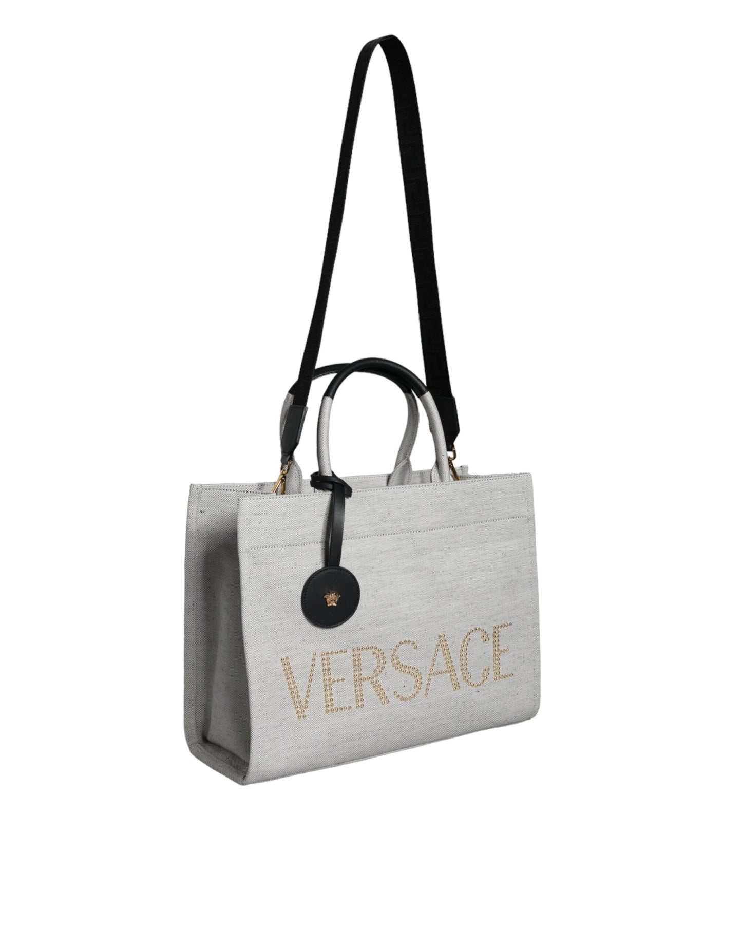 White Top Handle Canvas Leather Logo Crossbody Tote Bag Bags Versace