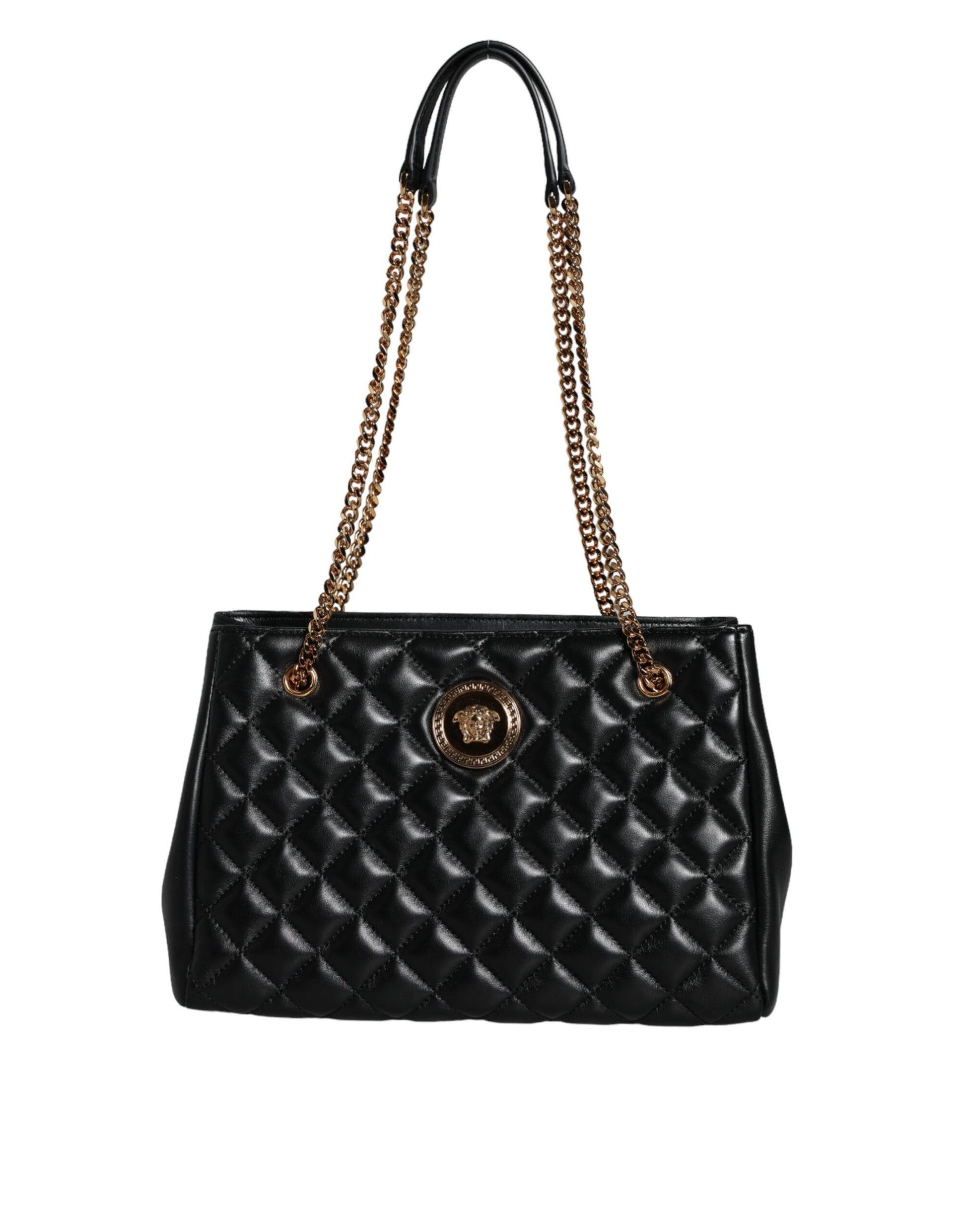Black Quilted Nappa Leather Shoulder Chain Strap Bag Bags Versace