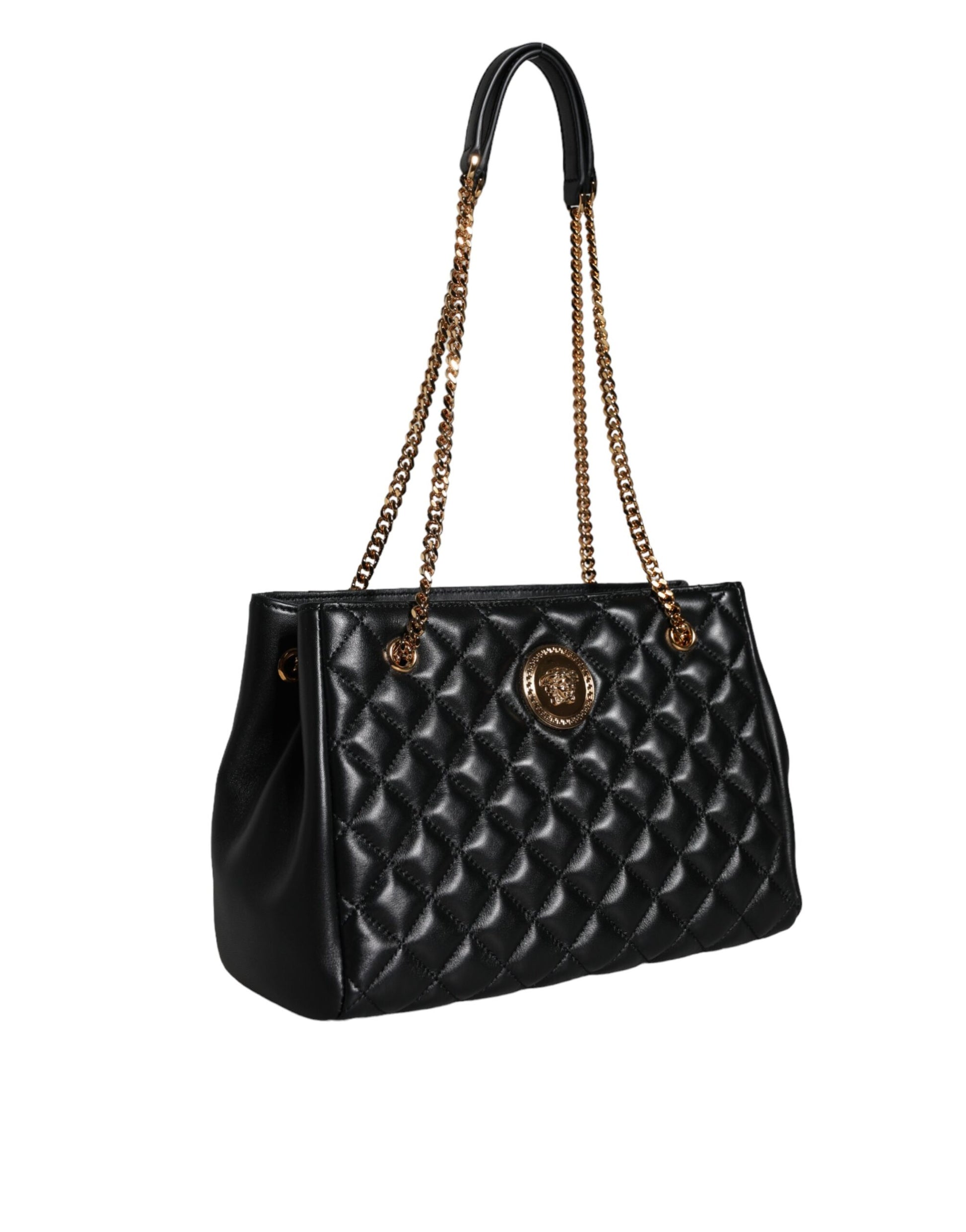 Black Quilted Nappa Leather Shoulder Chain Strap Bag Bags Versace