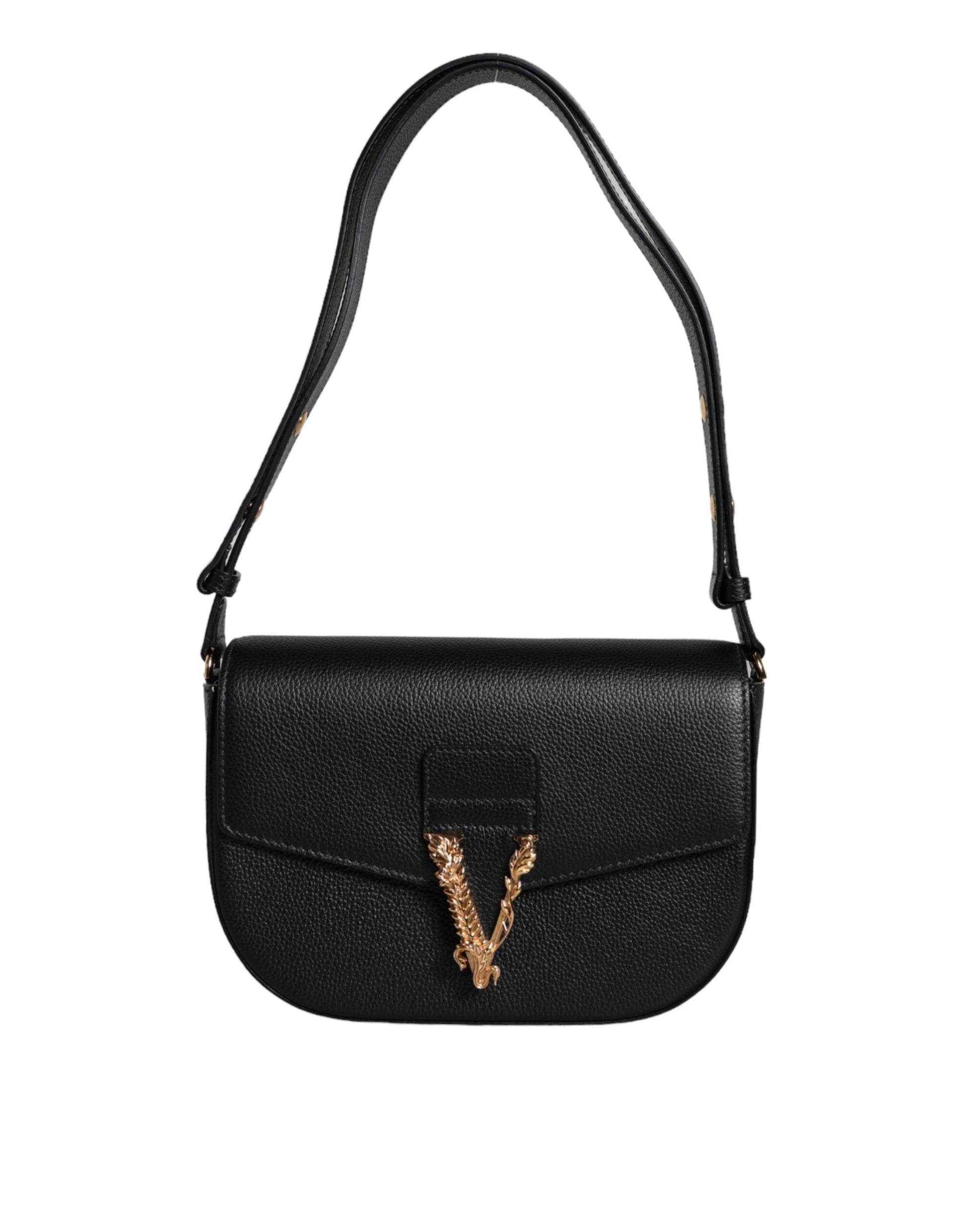 Black Grainy Calf Leather Logo Crossbody Shoulder Bag Bags Versace