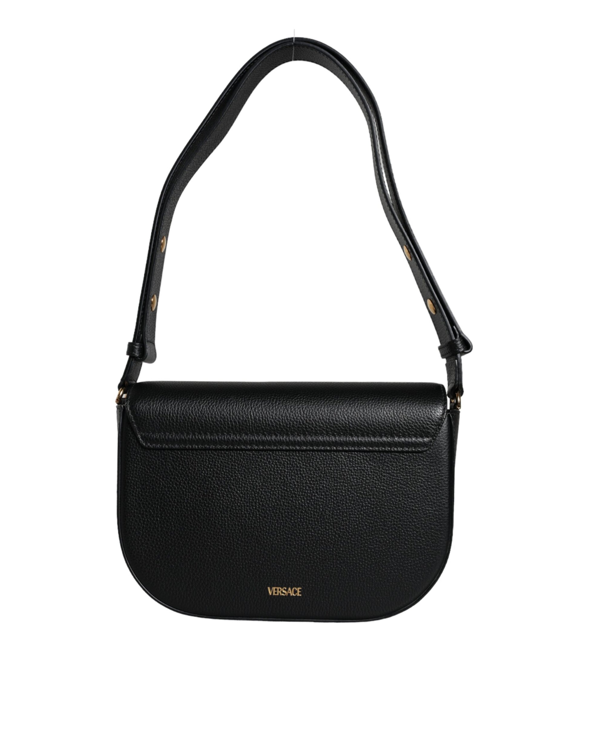 Black Grainy Calf Leather Logo Crossbody Shoulder Bag Bags Versace