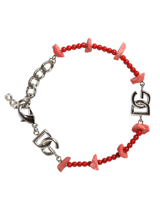 Silver Tone Brass Beaded Resin DG Logo Chain Bracelet Jewelry Dolce & Gabbana