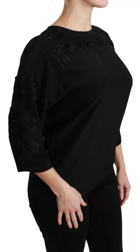 Black Floral Embroidered Blouse Silk Top Blouses Dolce & Gabbana