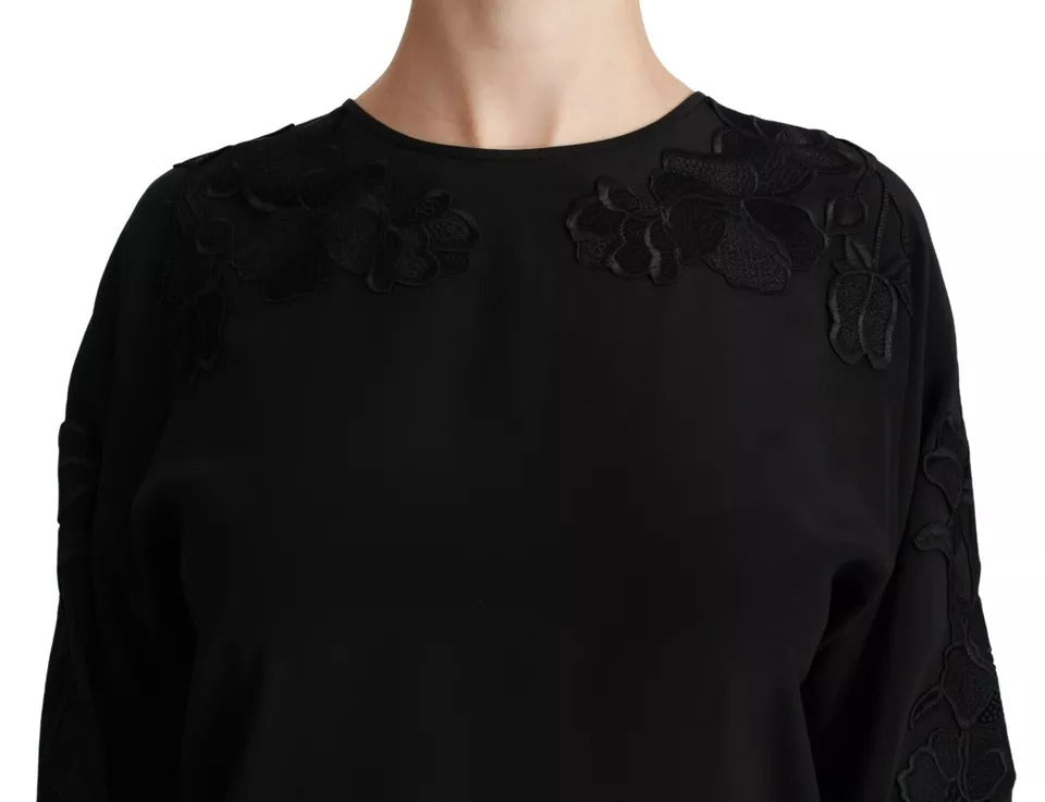 Black Floral Embroidered Blouse Silk Top Blouses Dolce & Gabbana