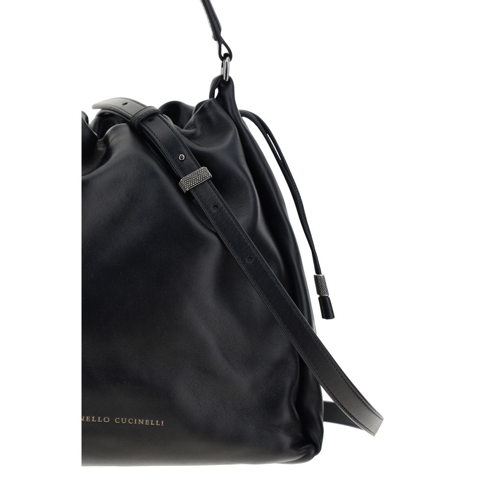 Black Calf Leather Bos Taurus Shoulder Bag Bags Brunello Cucinelli