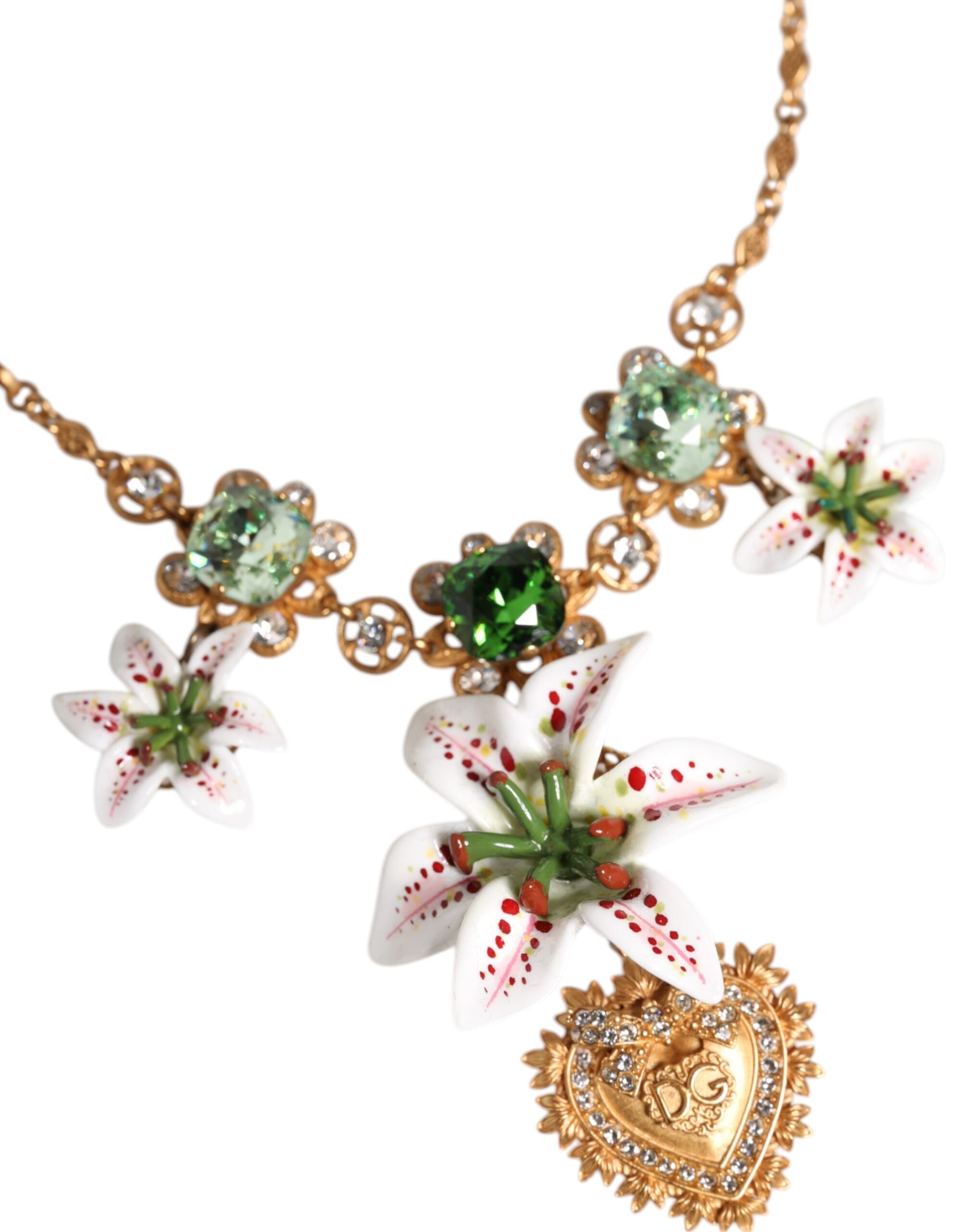 Gold Brass Lily Crystal Sacred Heart Pendant Necklace Jewelry Dolce & Gabbana