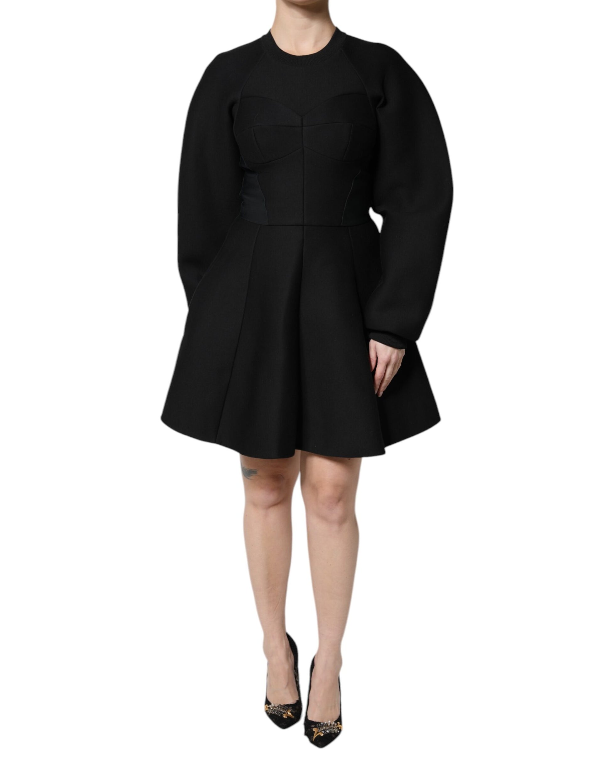 Black Cotton Long Sleeves A-line Mini Dress Dress Dolce & Gabbana