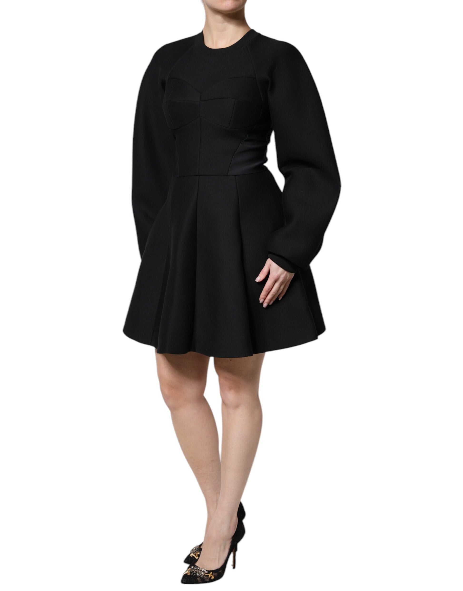 Black Cotton Long Sleeves A-line Mini Dress Dress Dolce & Gabbana