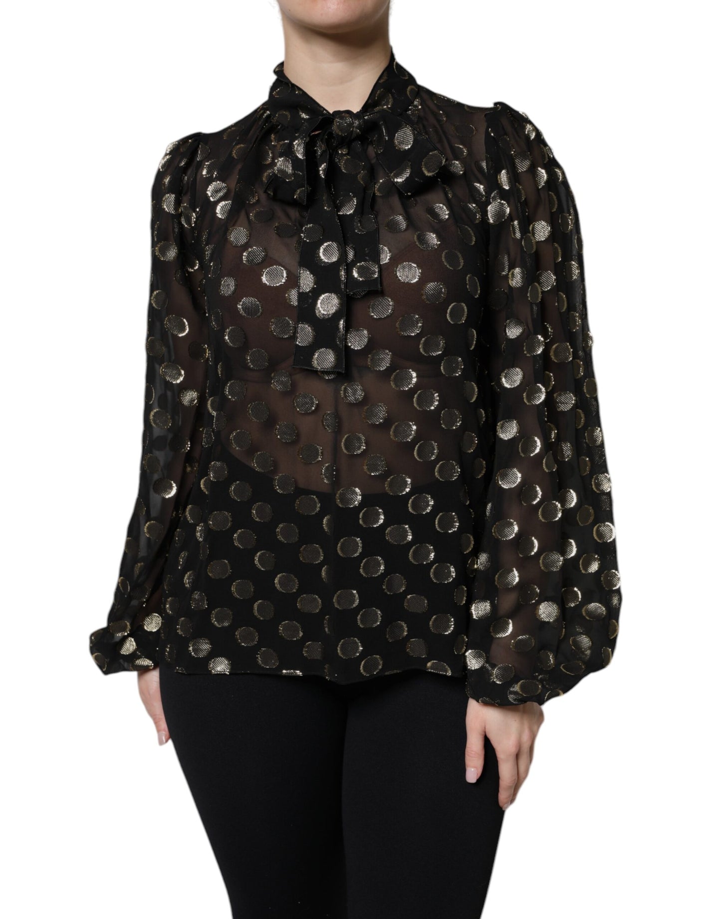 Black Sheer Tied Neck Polka Dots Blouse Top Blouses Dolce & Gabbana