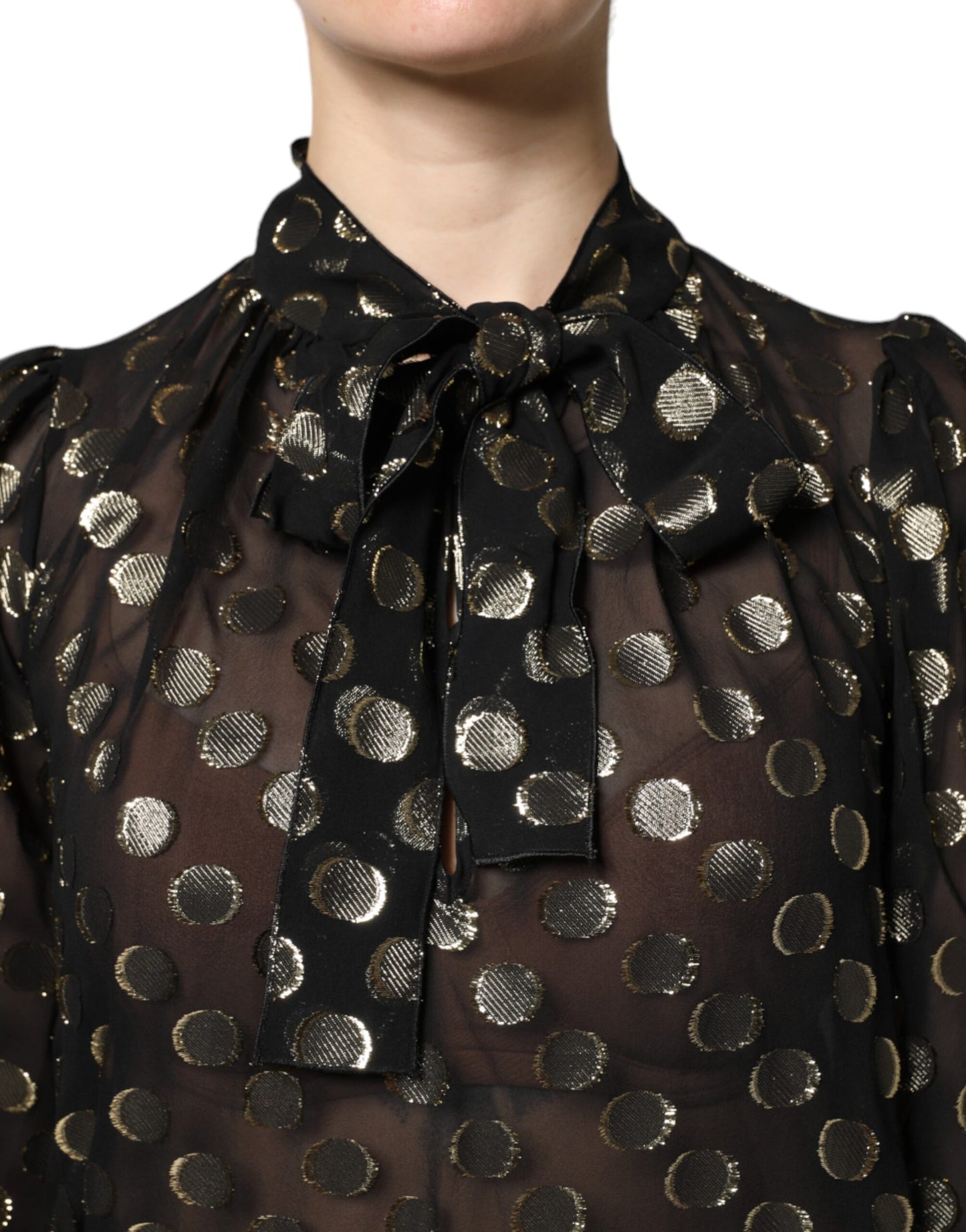 Black Sheer Tied Neck Polka Dots Blouse Top Blouses Dolce & Gabbana