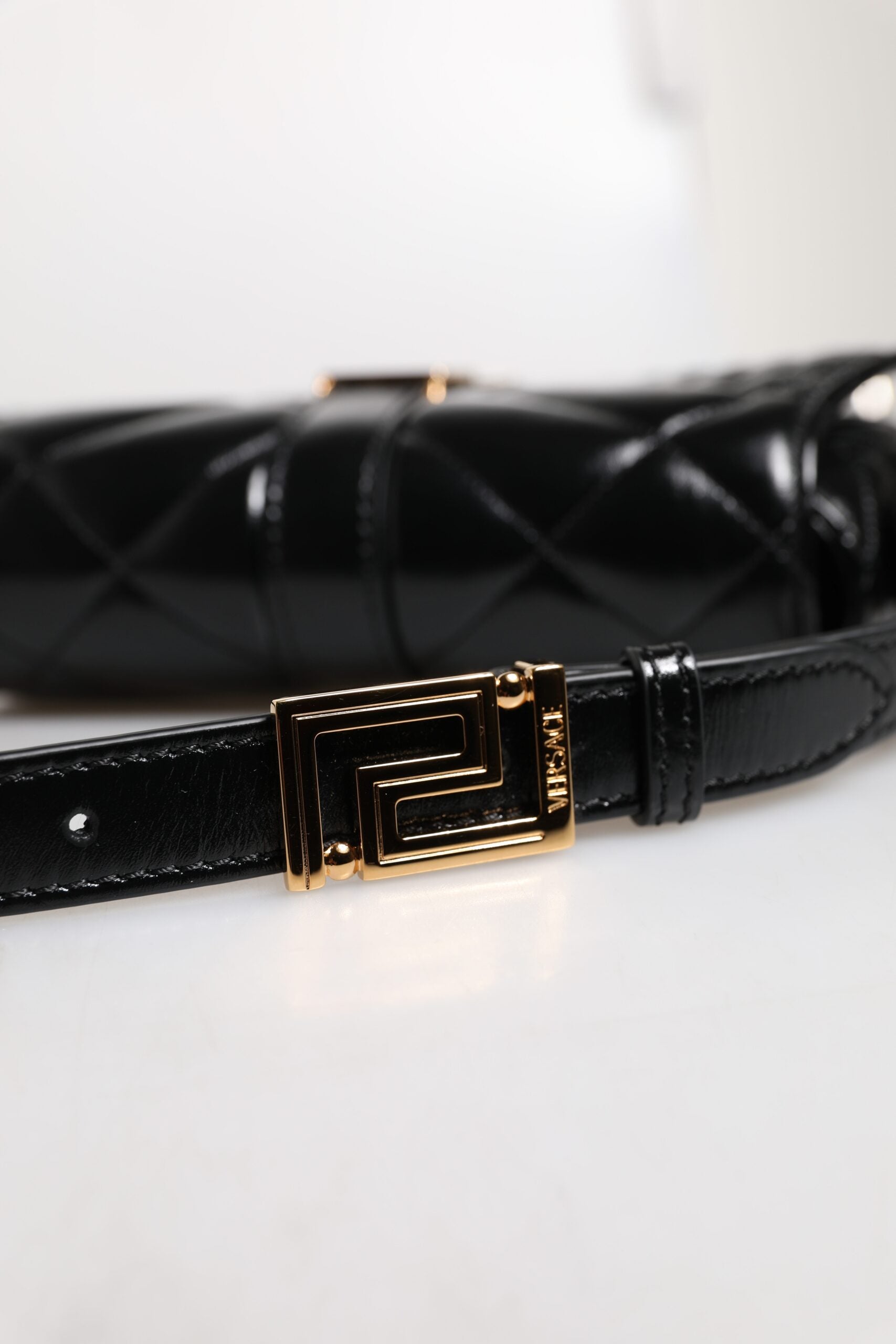 Black Calf Leather Quilted Shoulder Strap Bag Bags Versace