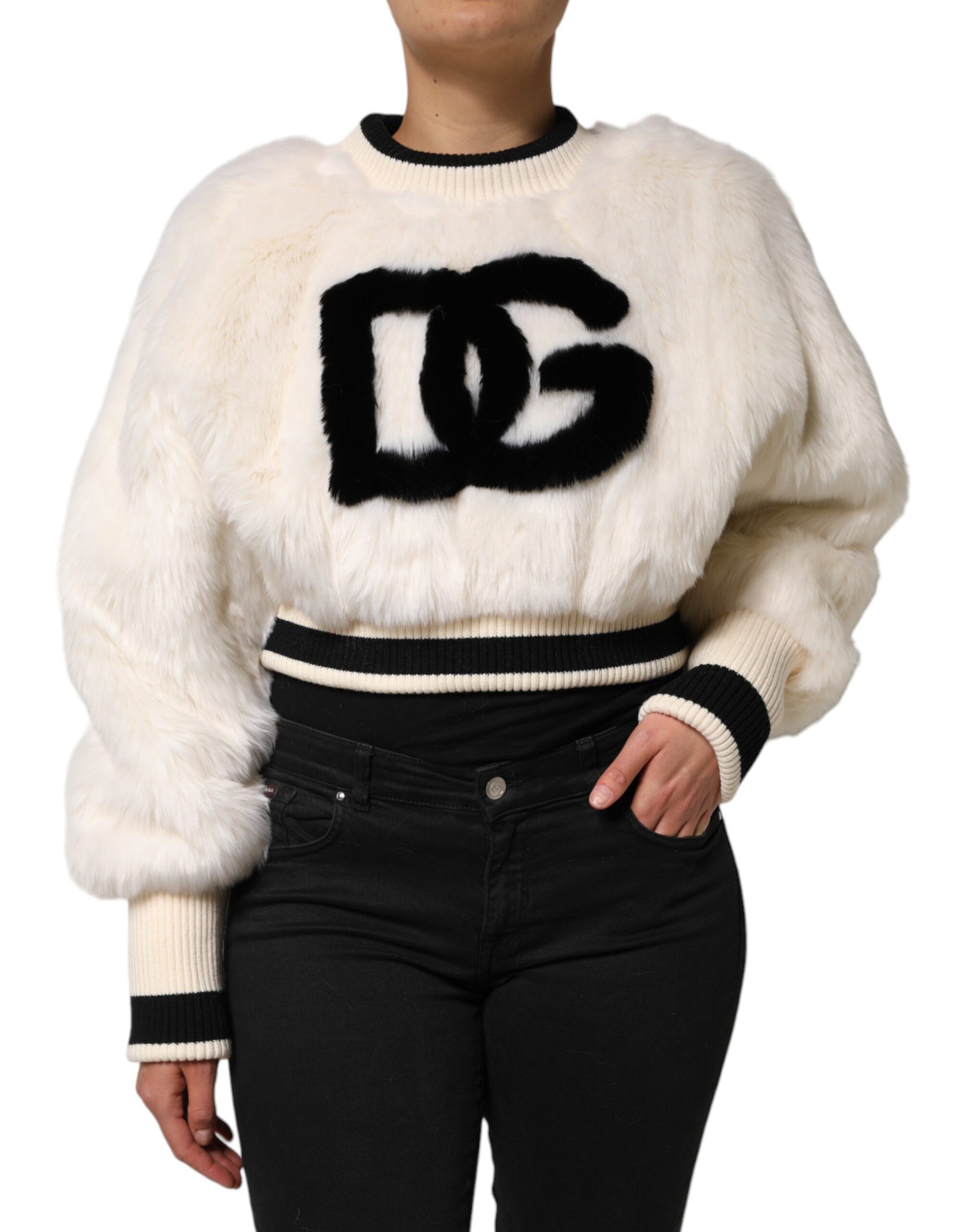 White Cropped Faux Fur DG Sweatshirt Sweater Knitwear Dolce & Gabbana
