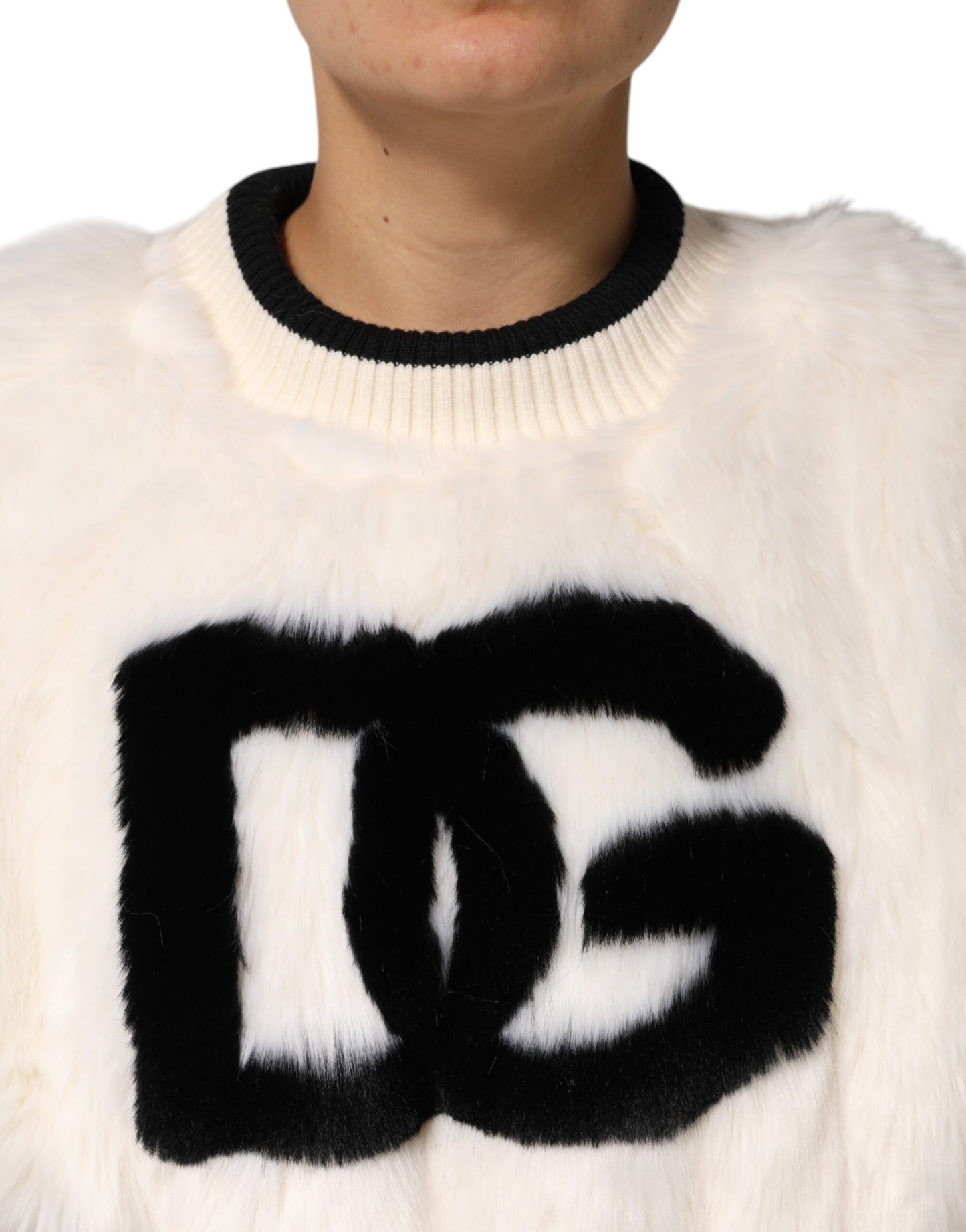 White Cropped Faux Fur DG Sweatshirt Sweater Knitwear Dolce & Gabbana