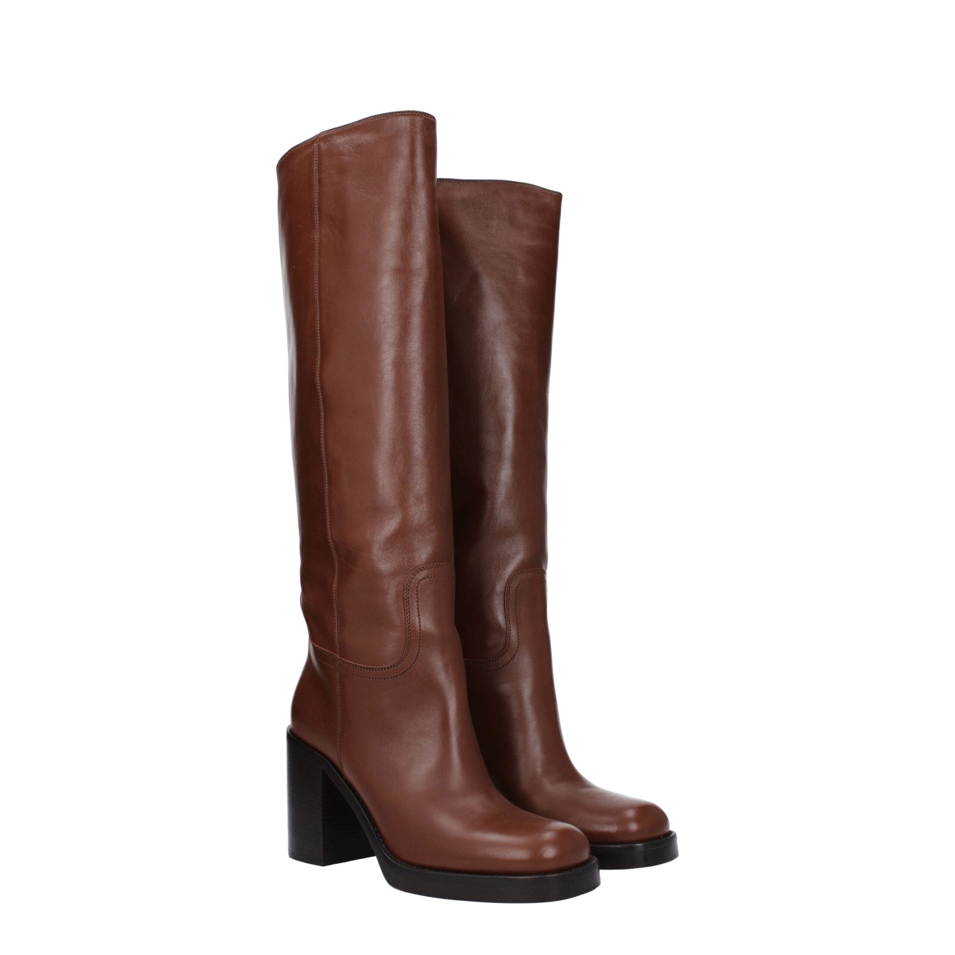 Brown Leather High Heel Boots Shoes Prada