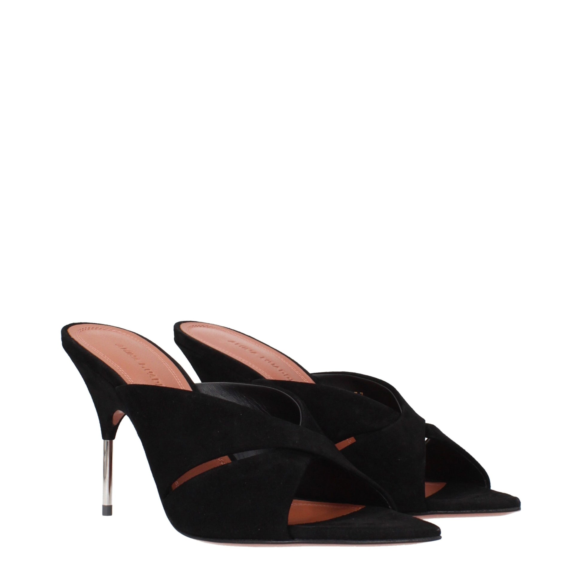 Black Leather Stiletto Heel Sandals Shoes Amina Muaddi