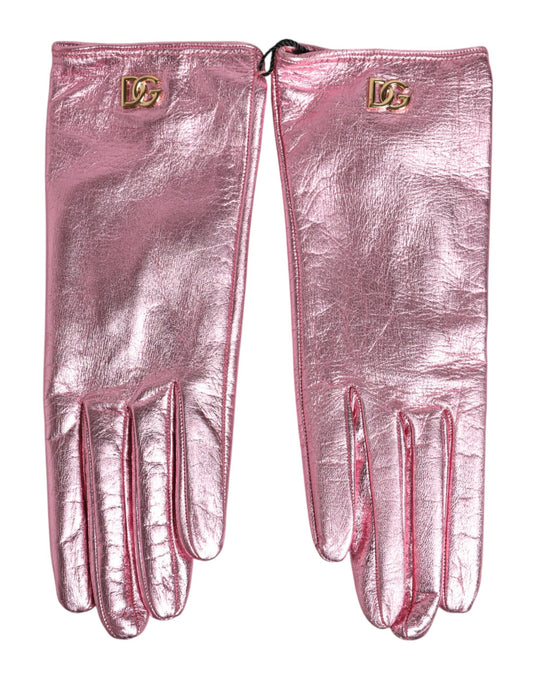 Pink Leather DG Logo Wrist Length Mitten Gloves Gloves Dolce & Gabbana