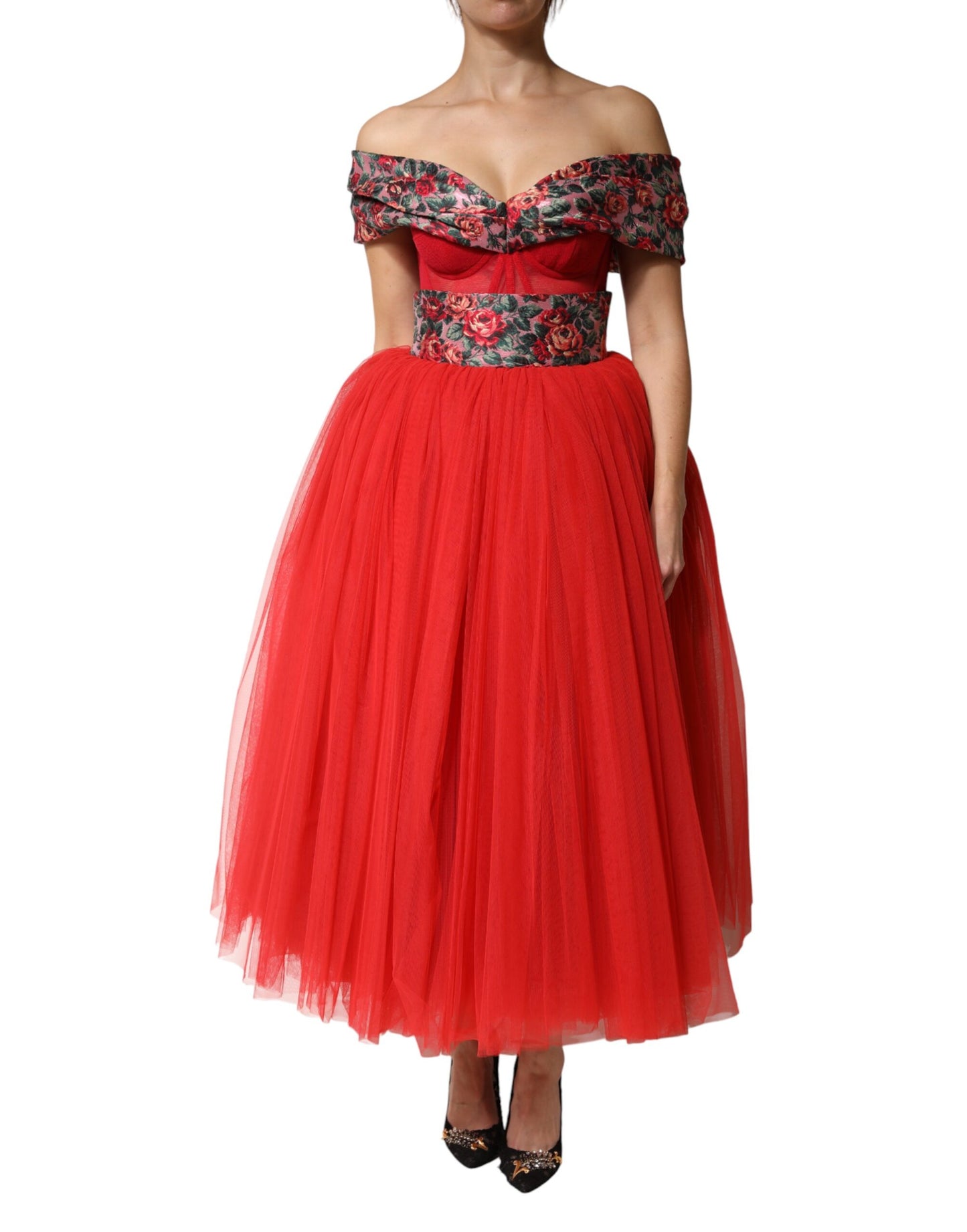 Red Floral Off Shoulder A-line Gown Dress Dress Dolce & Gabbana