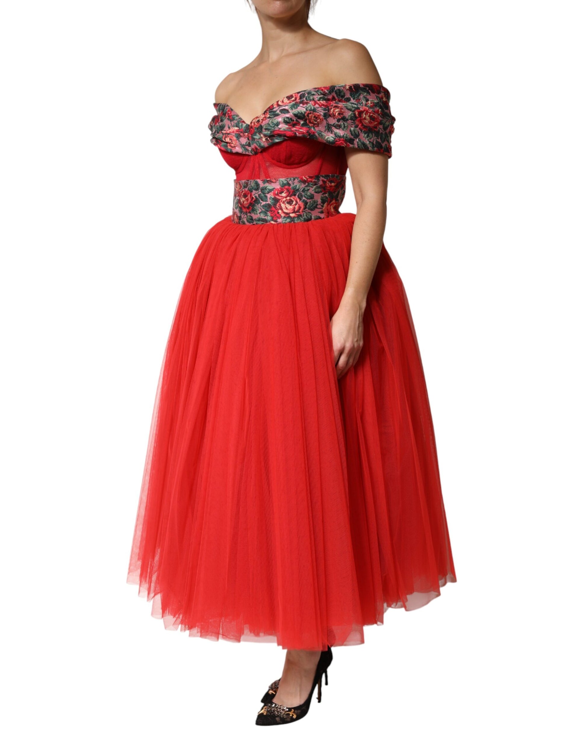 Red Floral Off Shoulder A-line Gown Dress Dress Dolce & Gabbana