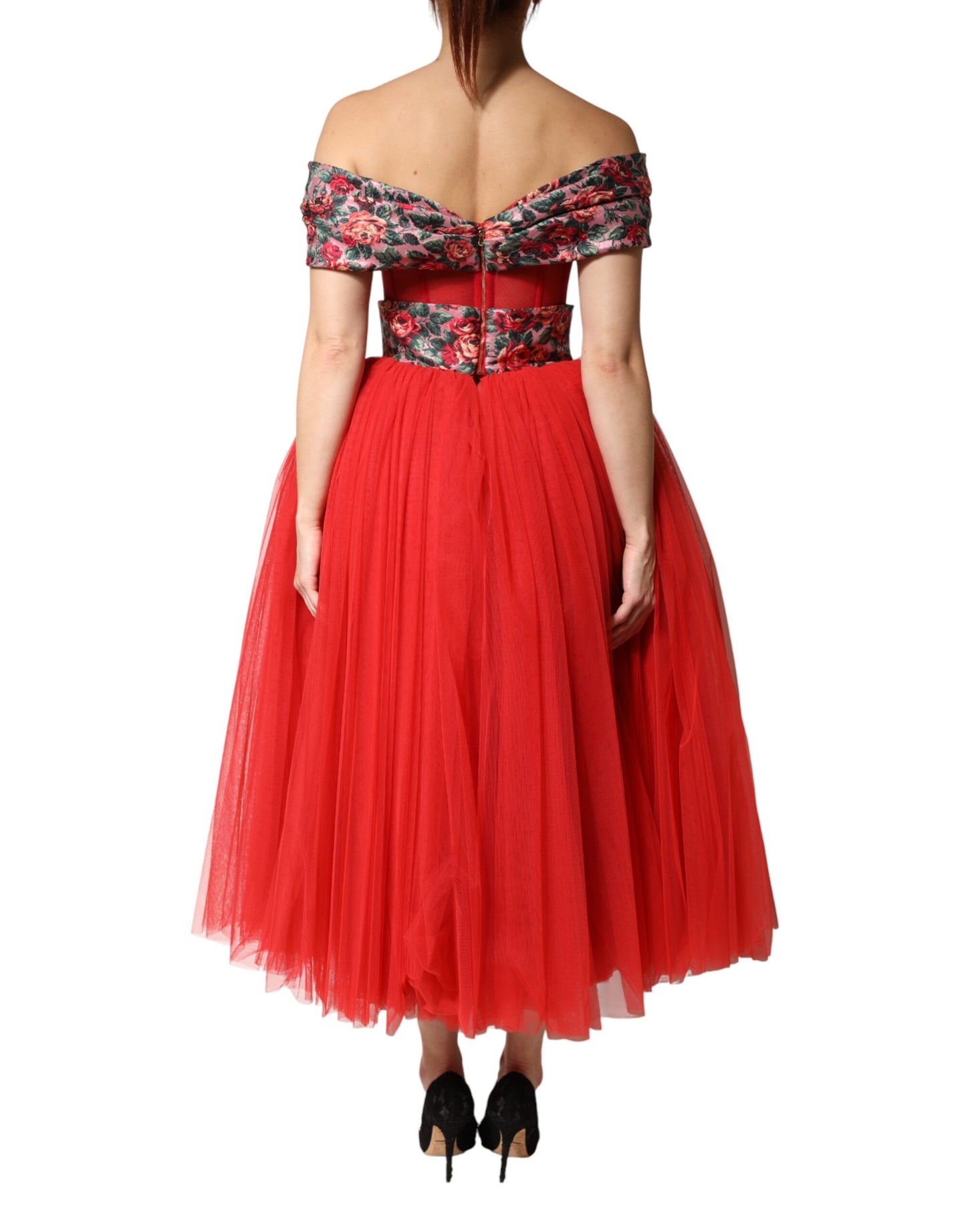 Red Floral Off Shoulder A-line Gown Dress Dress Dolce & Gabbana