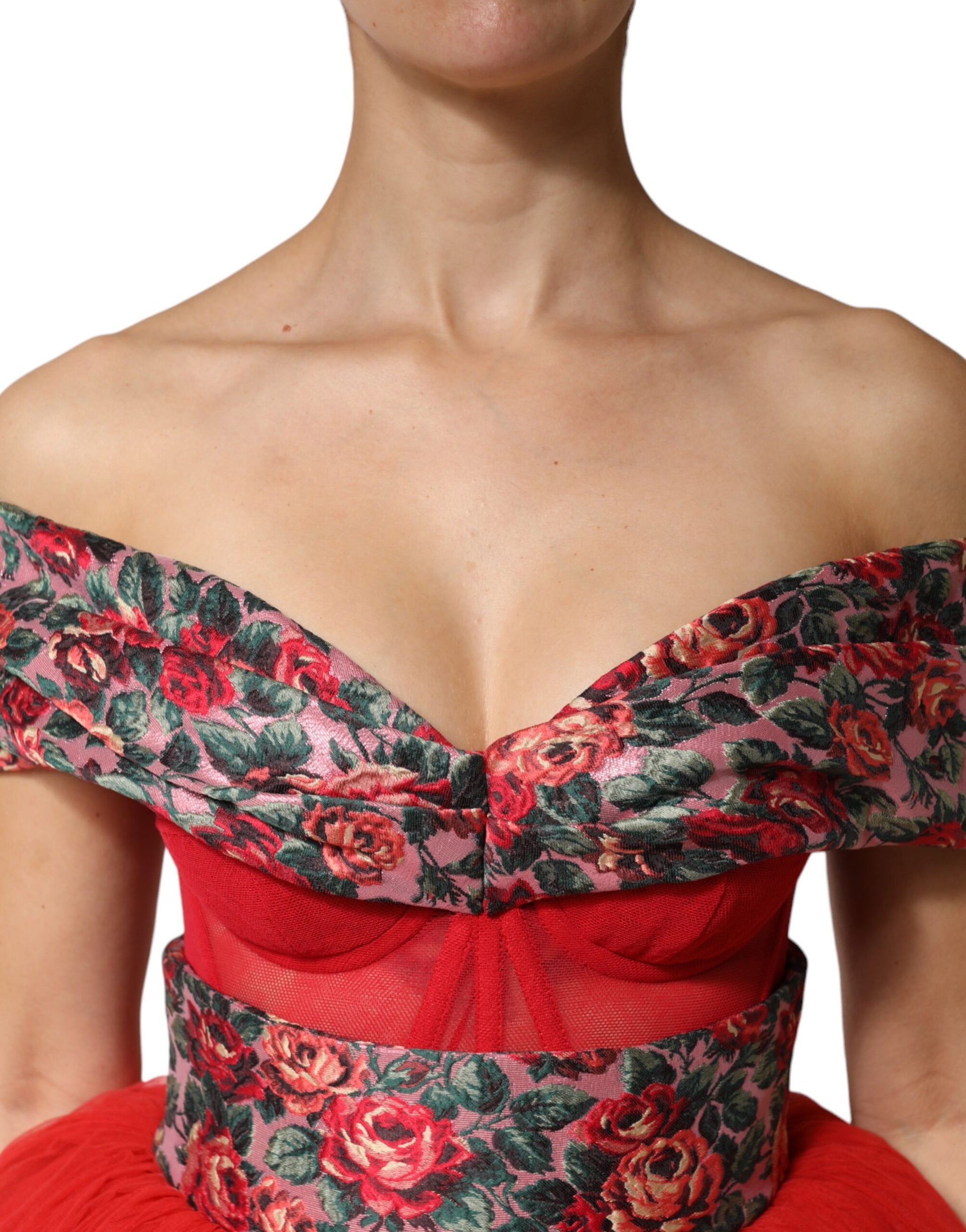 Red Floral Off Shoulder A-line Gown Dress Dress Dolce & Gabbana