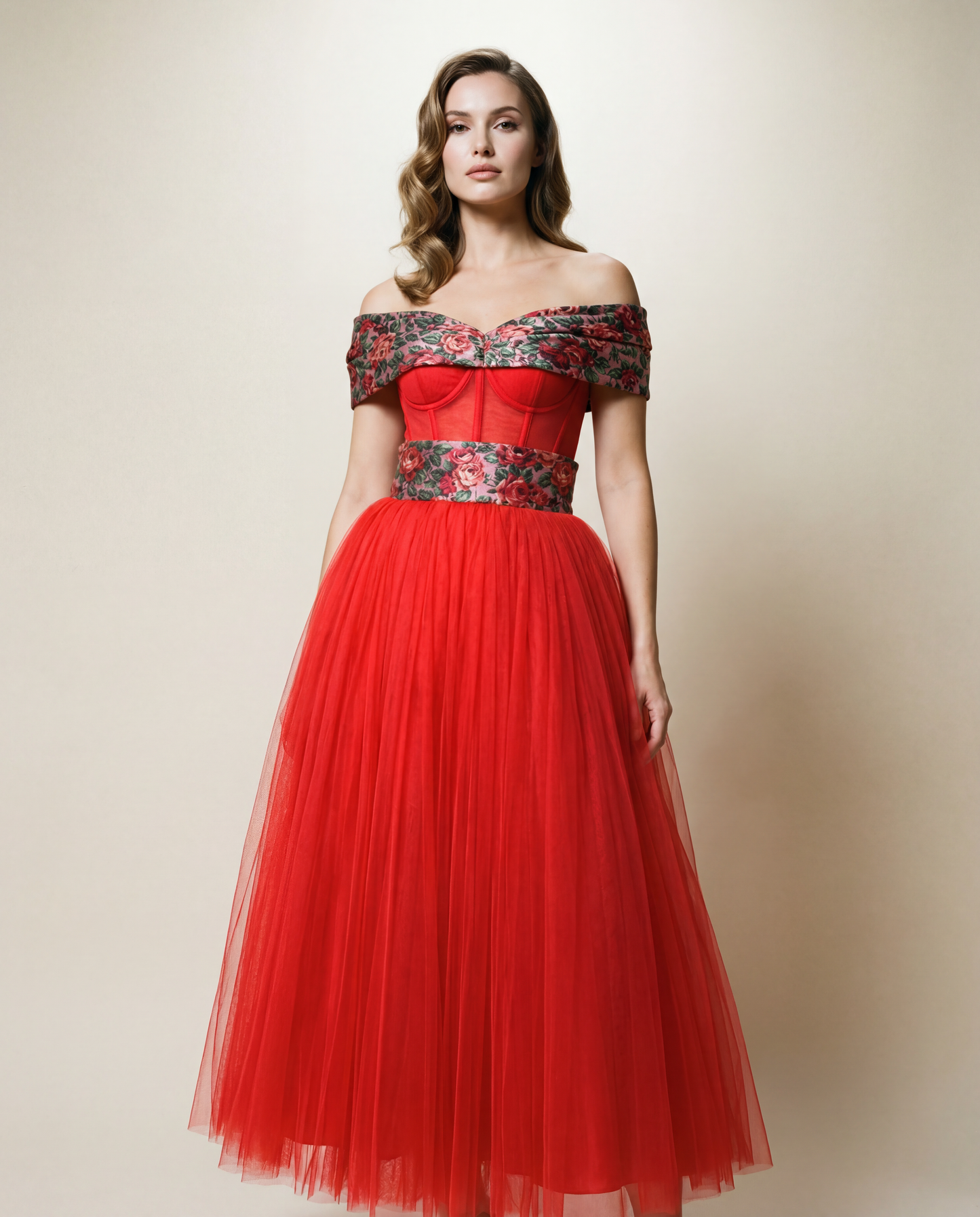Red Floral Off Shoulder A-line Gown Dress Dress Dolce & Gabbana