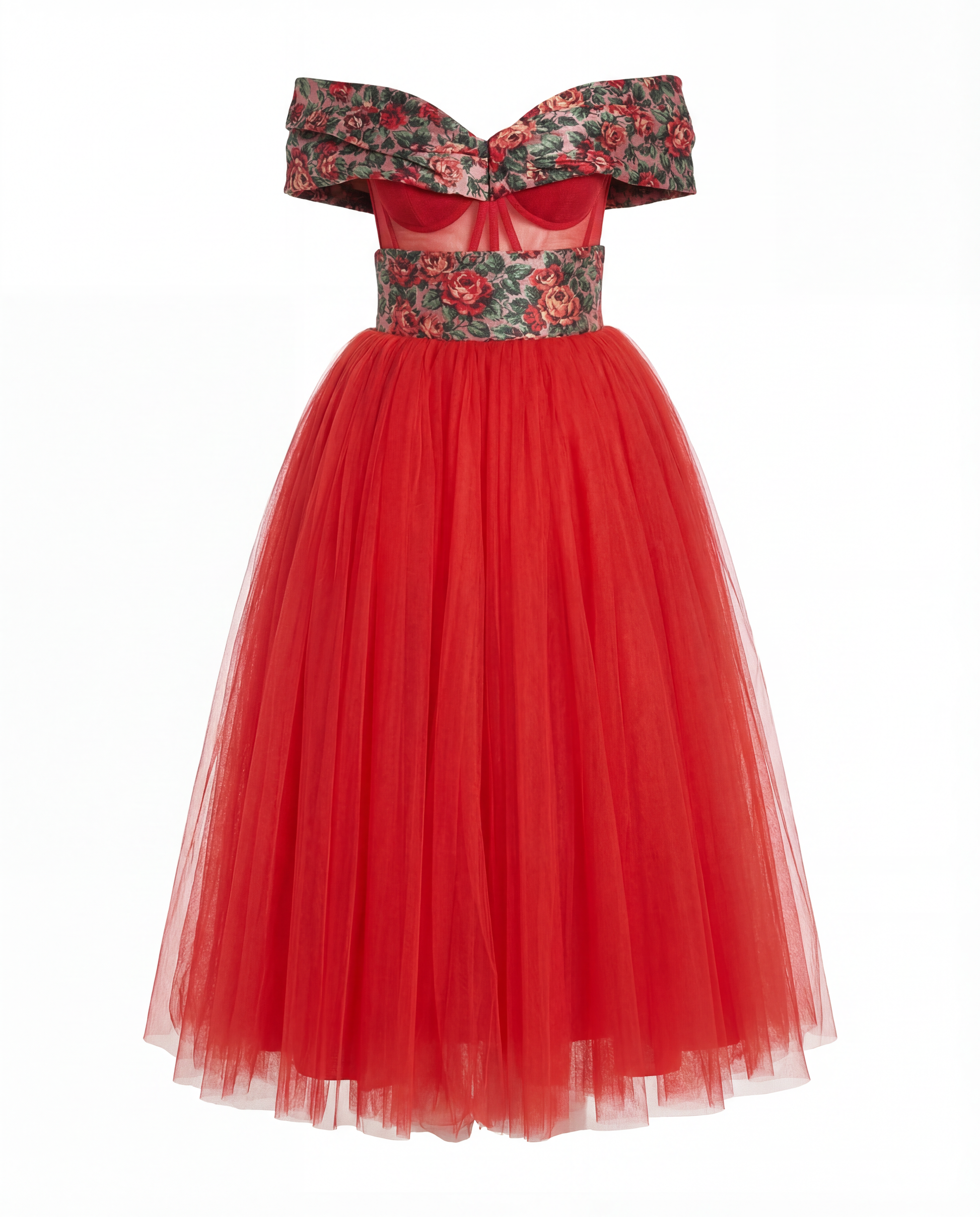 Red Floral Off Shoulder A-line Gown Dress Dress Dolce & Gabbana