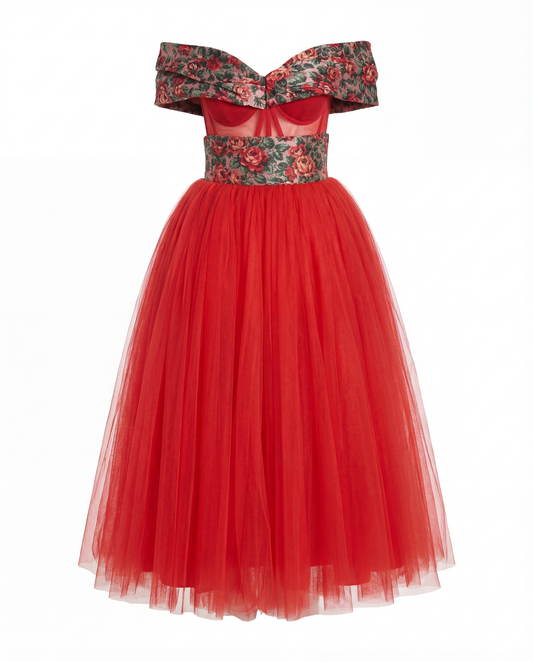 Red Floral Off Shoulder A-line Gown Dress Dress Dolce & Gabbana